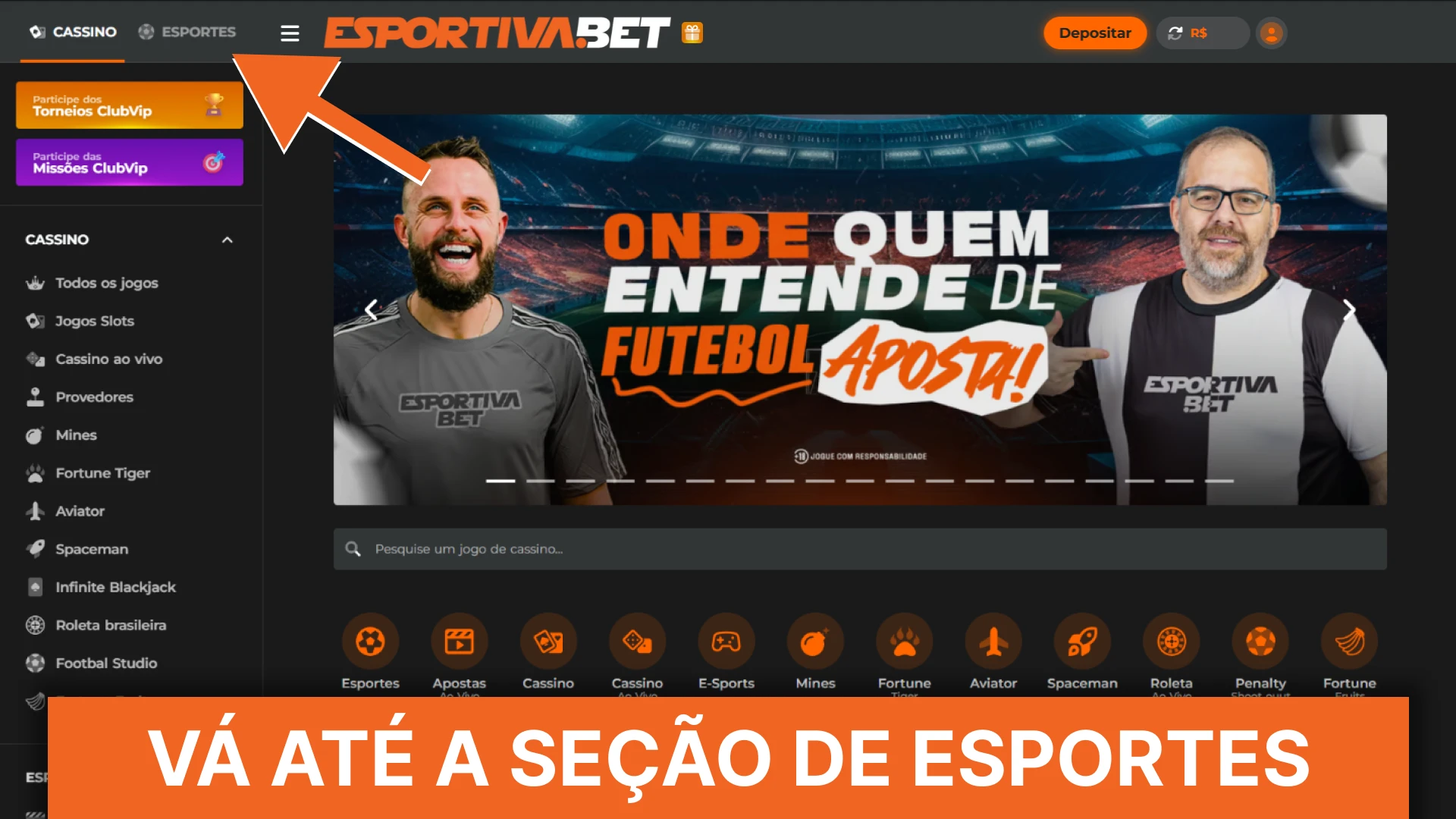 Abrir a secção de desporto no site EsportivaBet.