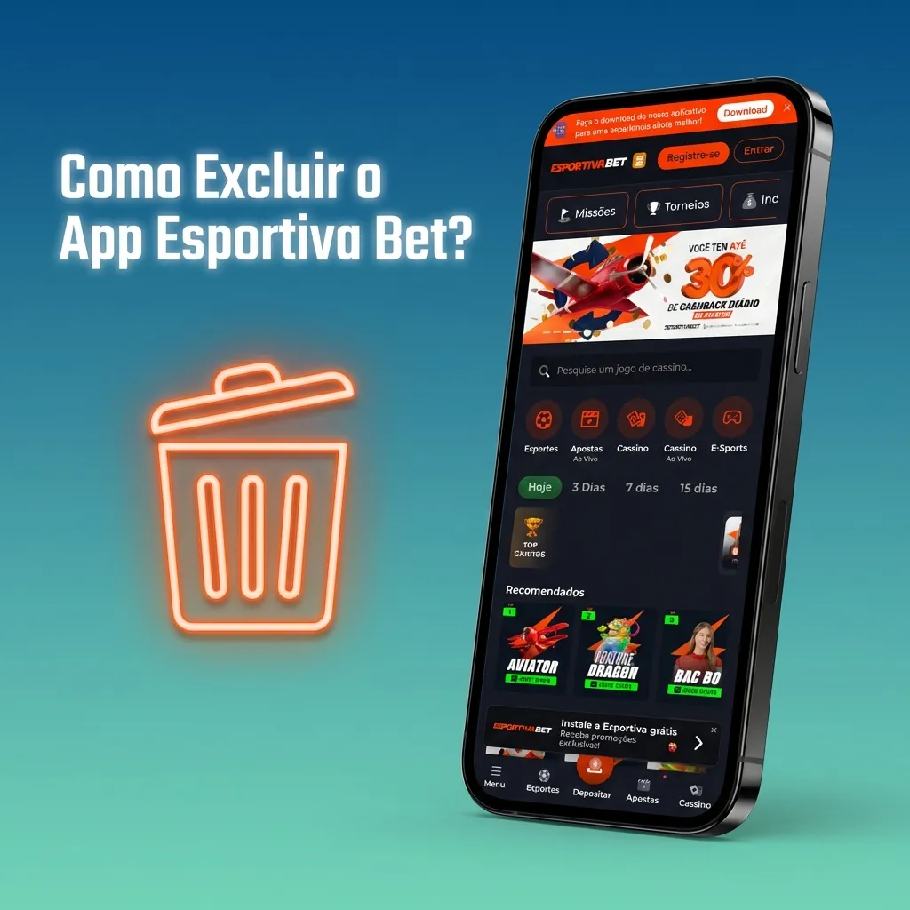 Smartphone screen showing uninstall options for Esportiva Bet app on Android and iOS devices